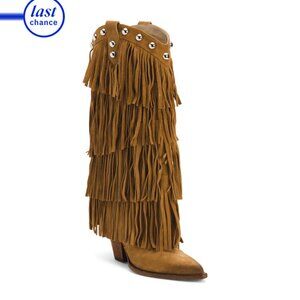 ATELIER Dark Beige Made In Italy Suede Bendlin Fringe Knee High Boots